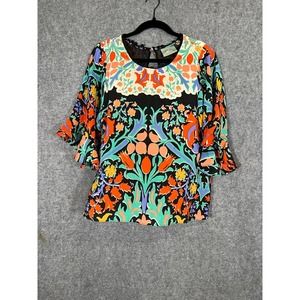 Maeve Anthropologie Top Women 4 Orange Silk Floral Ruffled Quarter Sleeve Casual